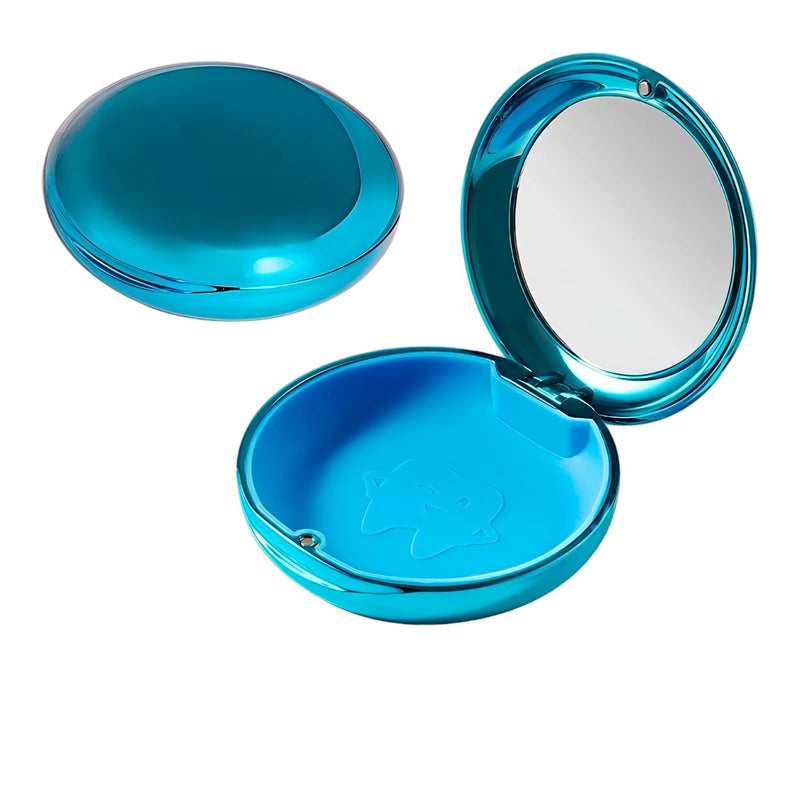 Electroplated Denture Case with Mirror, Portable Retainer Case Compatible with Transparent Braces, Mouth Guard, Orthodontic Retainers, Braces Box Organize and Protect Oral Supplies (Blue) Blue