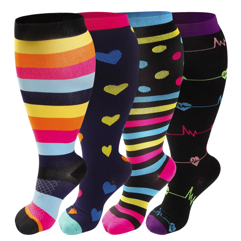 [Australia] - 4 Pairs Plus Size Compression Socks for Women & Men, Extra Wide Calf 20-30 mmhg Knee High Compression Stockings for Circulation Swelling Support A2 Assort 4 Pairs 2X-Large 