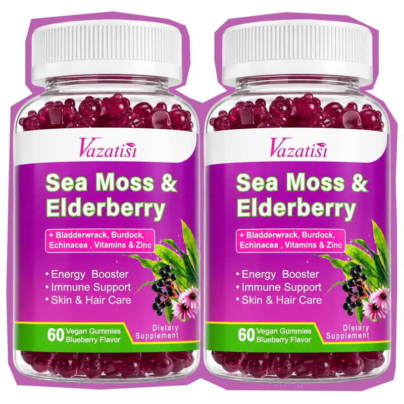 2 Pack Elderberry Gummies with Sea Moss, Extra Strength Elderberry with Vitamin C, Zinc for Immune Support for Adults, Kids, Women & Men, Blueberry Flavor 120Cts 60 Count (Pack of 2)