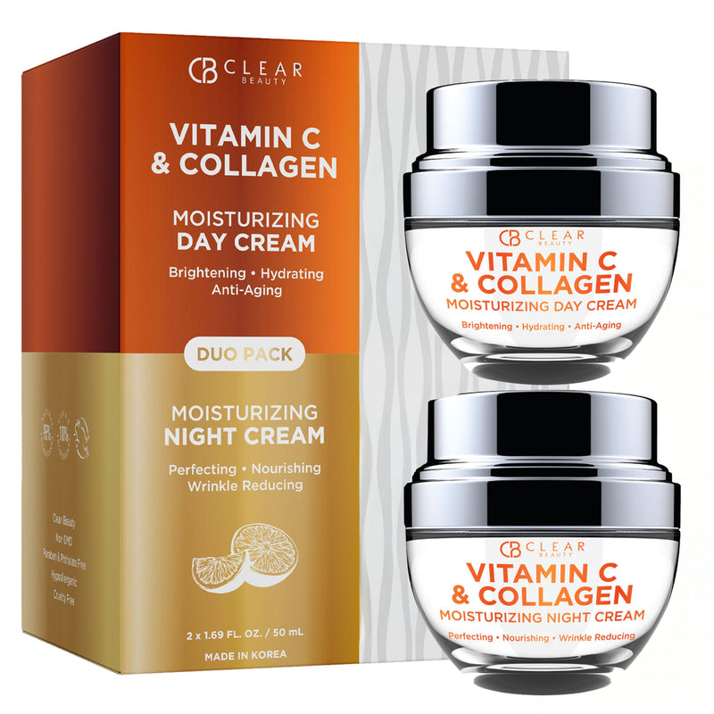 Clear Beauty Vitamin C & Collagen Face Moisturizer - Hydrating Anti Aging Day & Night Cream - Firms Smooths & Evens Skin Tone - Dermatologist Tested, Korean Skin Care Set, Clean Beauty - Duo Pack Vitamin C & Collagen (Day & Night Duo Set)