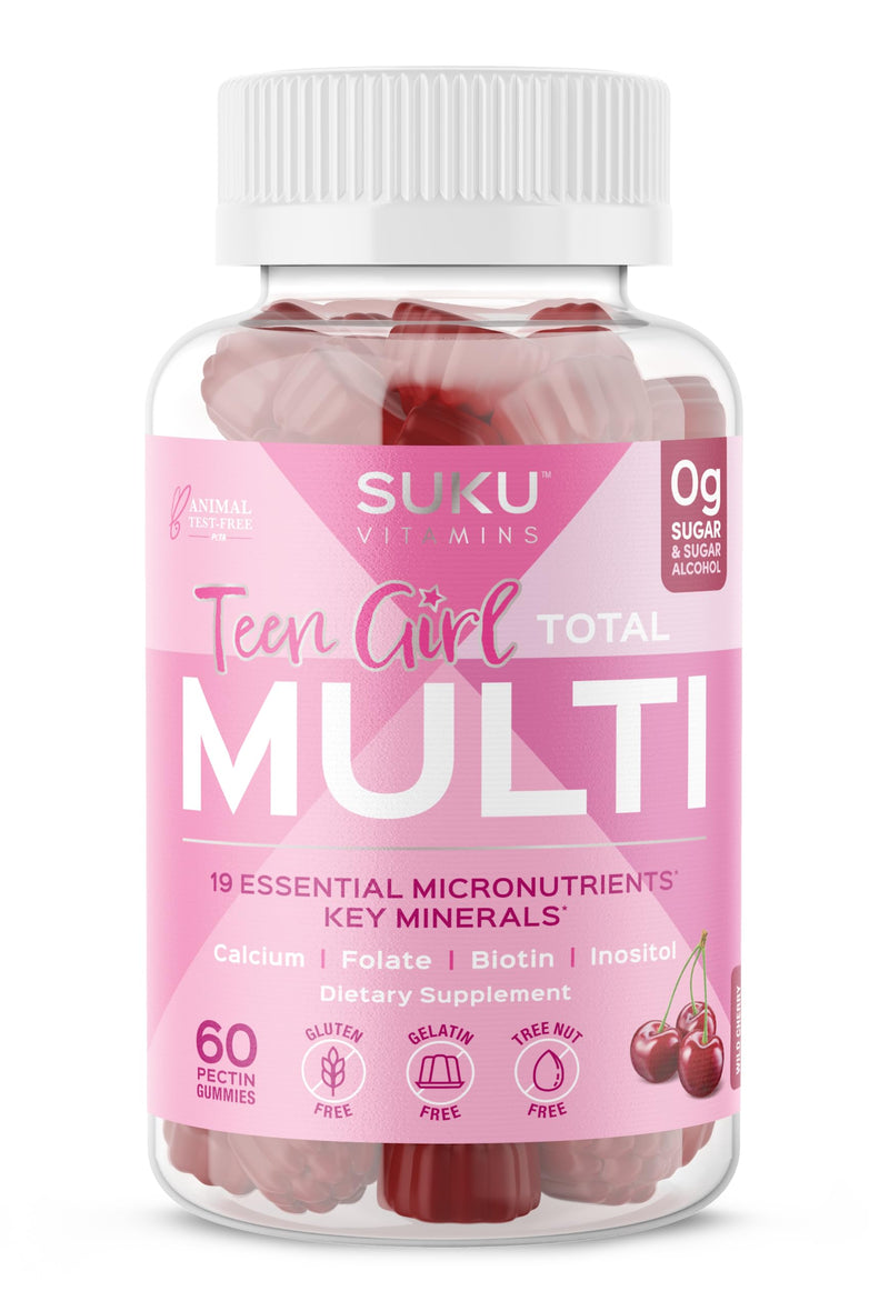 SUKU Teen Girl Multivitamin Gummies – Vitamins A, B12, C, D3, E, Biotin & Zinc – Sugar-Free Vegetarian Supplement for Skin, Energy, Immune & Bone Health – Cherry Flavor – 60 Count 60 Count (Pack of 1)