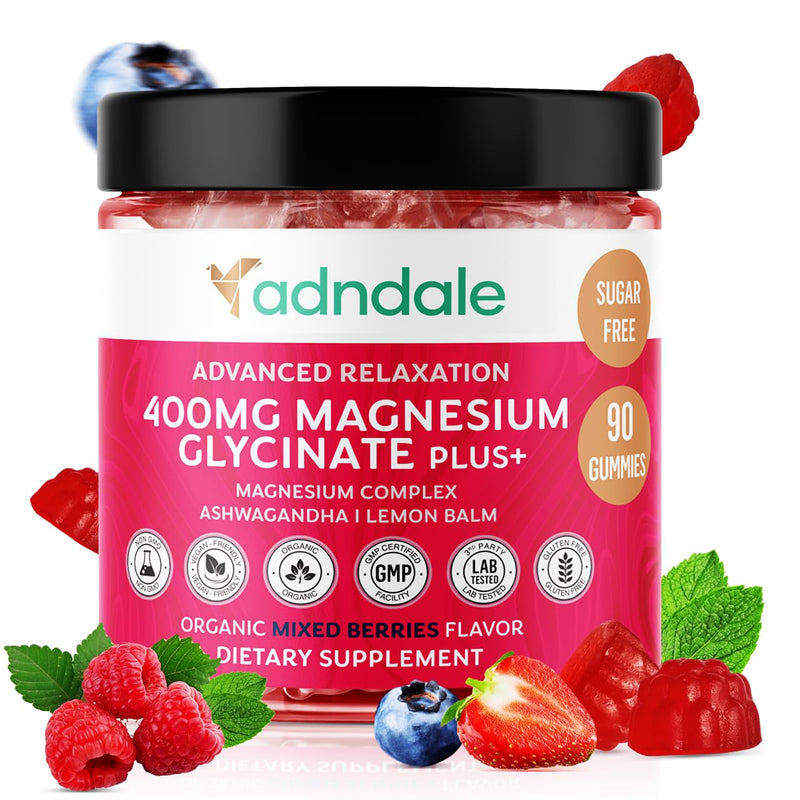 [Australia] - Adndale 90 CT Magnesium Glycinate Gummies 400 mg/Serv with Ashwagandha, Magnesium Malate & Taurate, Sugar Free Chews for Adults & Kids. Mixed Berry 90 Count (Pack of 1) 
