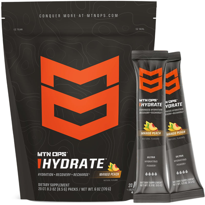 [Australia] - MTN OPS Hydrate Electrolytes Powder Drink Mix, 20 Single Serving On-The-Go Electrolyte Packs with Over 1000mg of Electrolytes per Serving, Mango Peach 