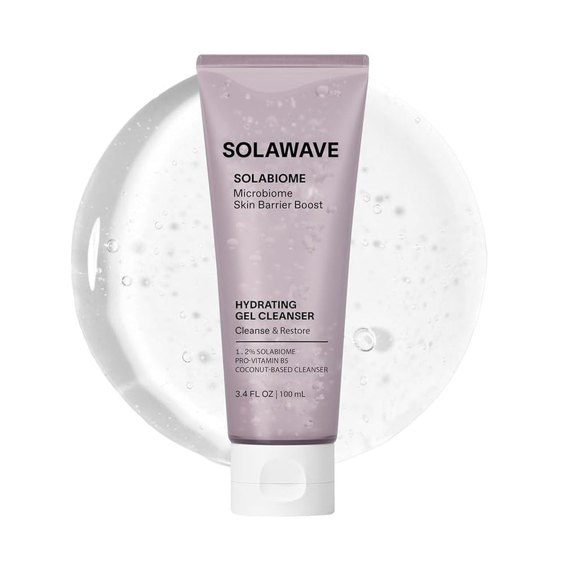 Solawave Probiotic Gel Facial Cleanser - Prebiotics & Pro Vitamin B5, 3.4oz | Gently removes makeup, oil & impurities without stripping the microbiome. Non-irritating, coconut-derived, all skin types.