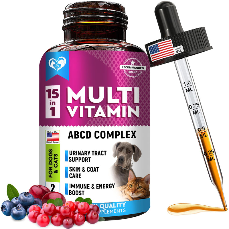 Cat & Dog Multivitamin Liquid with Glucosamine & Cranberry | 15 in 1 Health Supplements for Urinary Tract Kidney, Bladder, Hip & Joint, Skin & Coat | Natural UTI Medicine Made in USA (60 ml) 60 ml - PawsPlanet Australia