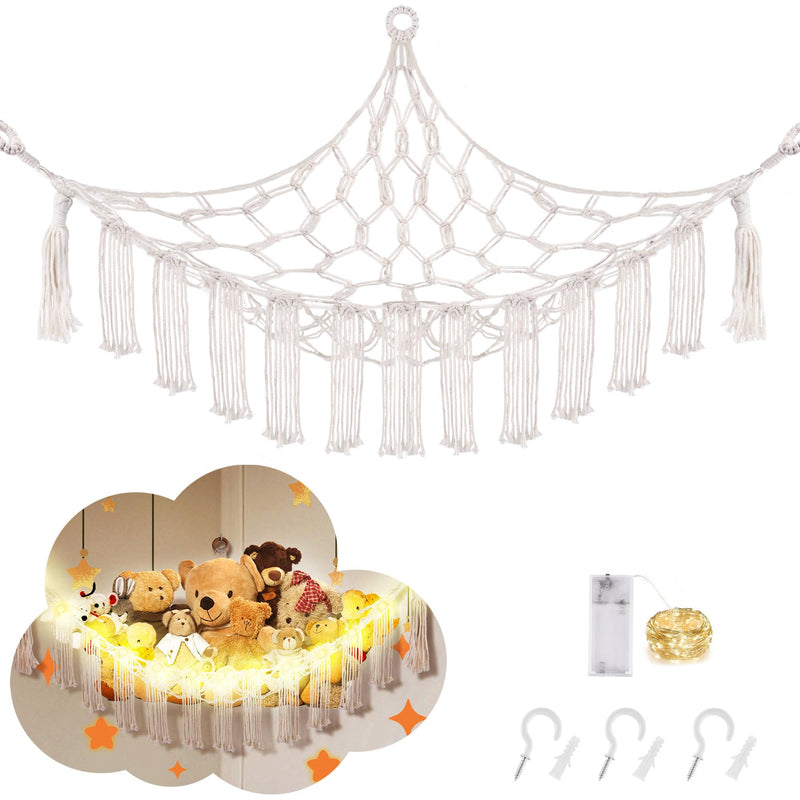 [Australia] - Stuffed Animal Hammock with LED Light, Toy Hammock for Stuffed Animals Storage for Kids Room Decor, Stuffed Animal Hammock Corner, White Large-(Package of 1) 