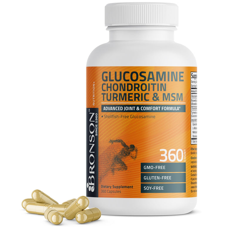 Bronson Glucosamine Chondroitin Turmeric & MSM Joint Support, 360 Capsules | Standardized Boswellia, Shellfish-Free Glucosamine, Mobility & Comfort Support, Non-GMO, Gluten-Free & Soy-Free 360 Count (Pack of 1)