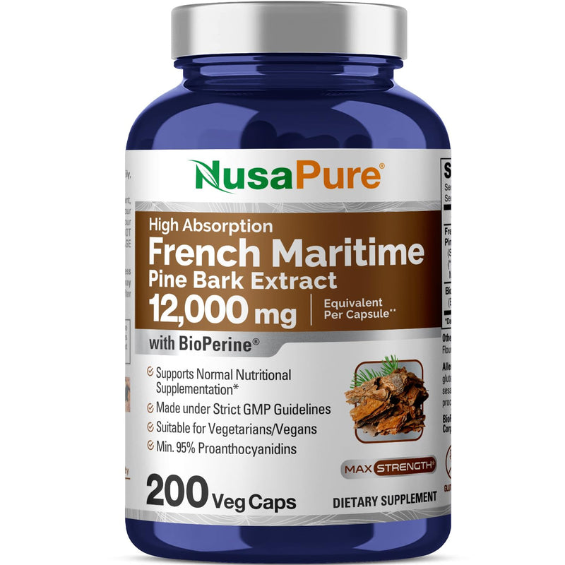[Australia] - NusaPure French Maritime Pine Bark Extract 12,000 mg Per Veggie Caps 200-Day Supply, Bioperine (Non-GMO & Gluten Free) 