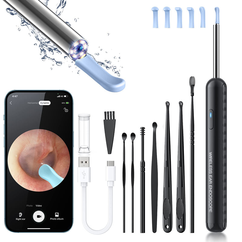 [Australia] - Ear Wax Removal, Ear Cleaner with Camera and Light, Ear Wax Removal Kit with 8 Pcs Set, Ear Wax Removal Tool Camera with 1080P, Ear Cleaning Kit with 6 Spoons, Ear Camera for iOS & Android (Black) Black 