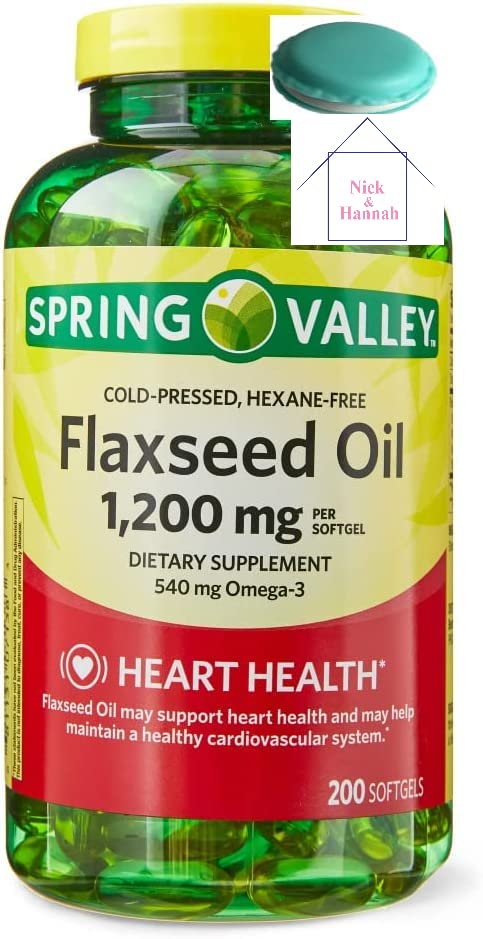 [Australia] - Nick & Hannah Spring Valley Flaxseed Oil Softgels Dietary Supplement, 1,200 mg, 200 Count + 1 Mini Pill Container (Style & Color Varies) 