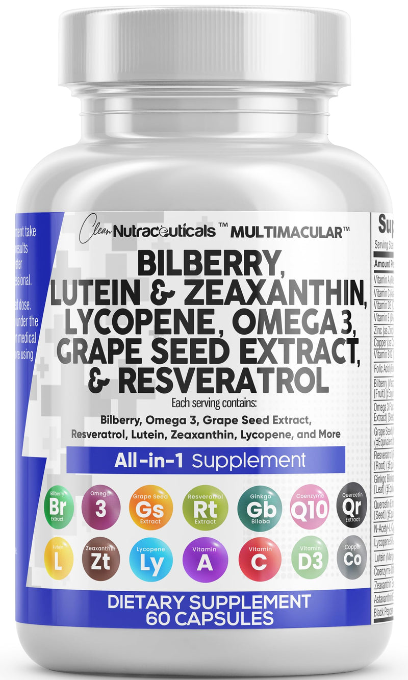 [Australia] - Eye Health Vitamins with Bilberry 6000mg Lutein & Zeaxanthin 40mg Lycopene 40mg Resveratrol 3000mg Grape Seed Extract 6000mg Omega 3 4000mg Astaxanthin - Eye Vitamin - 60 Capsules 