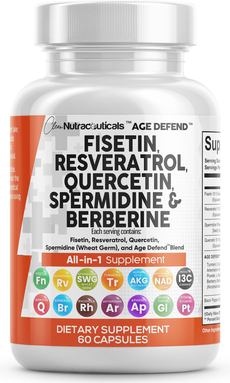 [Australia] - Clean Nutraceuticals Fisetin 2500mg Quercetin 1000mg Resveratrol 1000mg with Spermidine Wheat Germ Extract 1000mg - Health Supplement for Adults Longevity with Berberine, Collagen, Rhodiola, Apigenin 