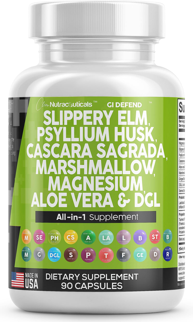 [Australia] - Clean Nutraceuticals Slippery Elm 5000mg Psyllium Husk 2000mg Pre Probiotic Digestive Gut Health Supplement with Aloe Vera Cascara Sagrada 2000mg Marshmallow Root DGL Licorice Senna Extract 