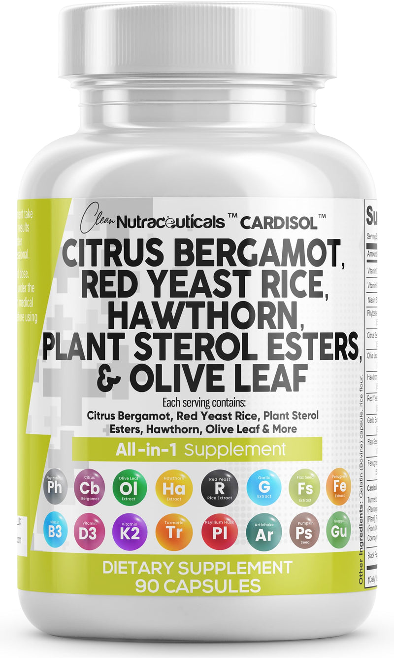 [Australia] - Clean Nutraceuticals Citrus Bergamot 3000mg Red Yeast Rice 6000mg Capsules with Plant Sterols 6000mg - with Hawthorn Extract Olive Leaf Niacin Vitamin K3 D3 COQ10 Guggul & More - USA Made 