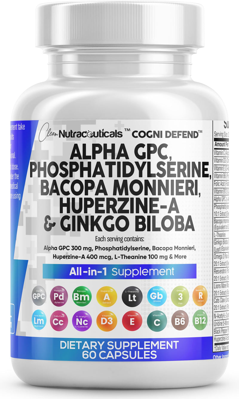 [Australia] - Clean Nutraceuticals Alpha GPC Choline 300mg Phosphatidylserine 3000mg Bacopa Monnieri 6000mg Ginkgo Biloba 2000mg Huperzine A 400mcg Supplement with Urdine Lions Mane Cats Claw NAC Vitamin C B D E 