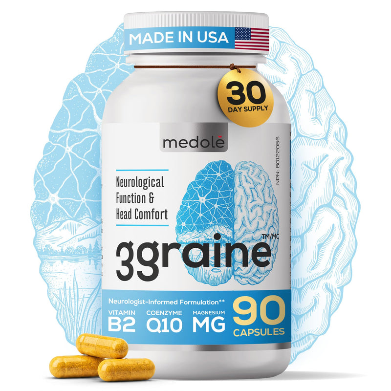 3graine Dietary Migraine Support Supplement- Drug-Free | Canada's Neurologist-Recommended migraine relief, MADE IN USA, 400mg Vitamin B2, 300mg Magnesium, 200mg CoQ10 - 90 ct