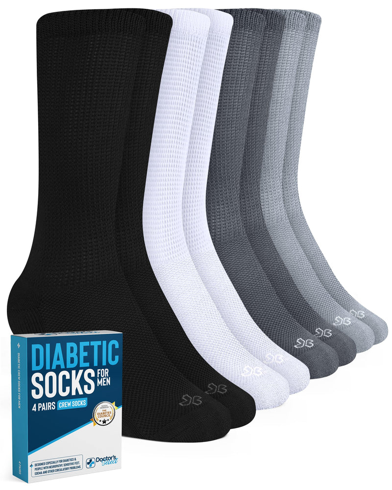 [Australia] - Doctor's Select Diabetic Socks for Men - 4 Pairs Crew Diabetic Neuropathy Socks for Men | Diabetic Socks for Men 9-12 Crew Height - Black, White, Light Grey, Grey Large 