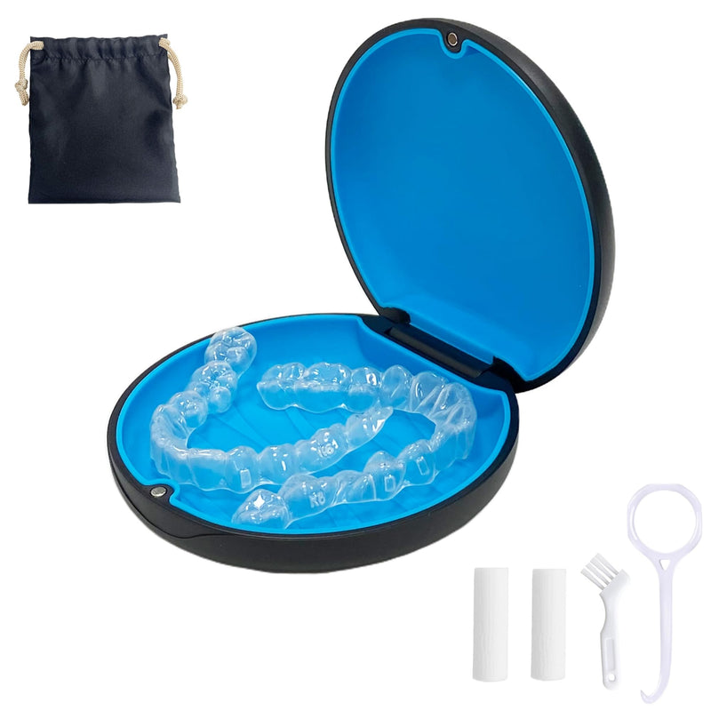 [Australia] - Retainer Case,Cute Slim Aligner Case Compatible with Invisalign,Retainer Holder with Aligner Remover Tool, Chew & Brush,Rope Bag (Black Outside Blue Silicone) Black Outside Blue Silicone 