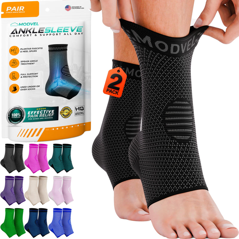 [Australia] - Modvel Foot & Ankle Brace Socks for Sprained Ankle Compression Sleeve - Plantar Fasciitis Relief Brace, Foot Support for pain Women & Men - Tendonitis & Arthritis Feet Sleeve, Stabilizing Ankles Wrap Large A Black 2 