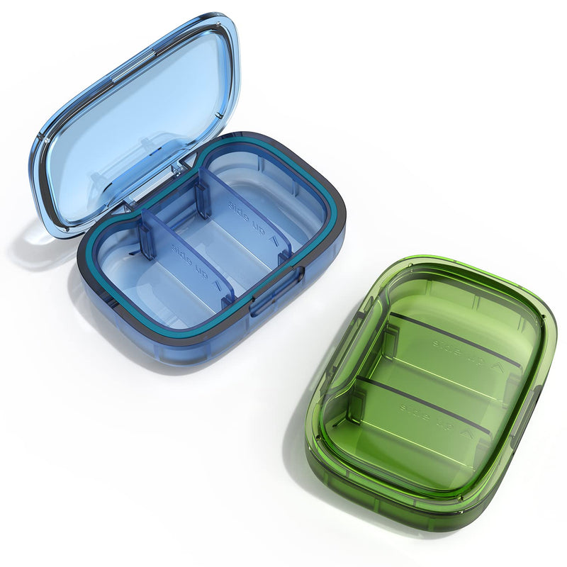 [Australia] - 2 Pack 3 Compartment Small Pill Box, Moisture Proof Pill Case, Travel Pill Organizer for Pocket Purse, Daily Portable Medicine Vitamin Box, Fish Oil Box, Supplement Box Green+blue 