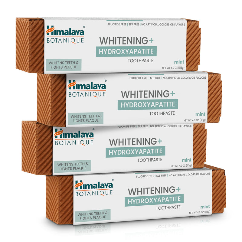 Himalaya Botanique Whitening+ Hydroxyapatite Toothpaste, Mint, 4 oz, Pack 4 | Nano Hydroxyapatite Toothpaste, Support Enamel Strength & Integrity,Great for Sensitive Teeth, Fluoride Free,SLS Free & Vegan 4 Ounce (Pack of 4) Adult Mint