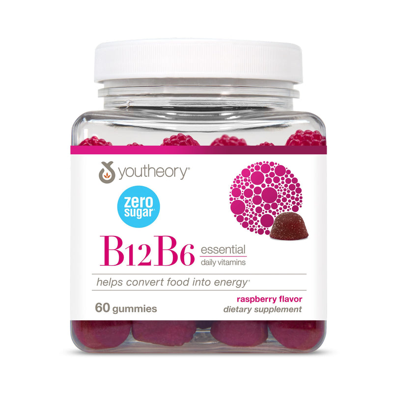 Youtheory B12B6 Zero Sugar Gummy, Raspberry Flavor, 60 Vegetarian Gummies | Vegan Vitamin B6 and Vitamin B12, Offers Brain Health, Energy, and Immunity Support*, Dairy, Soy, and Gluten-Free 60 Count (Pack of 1)