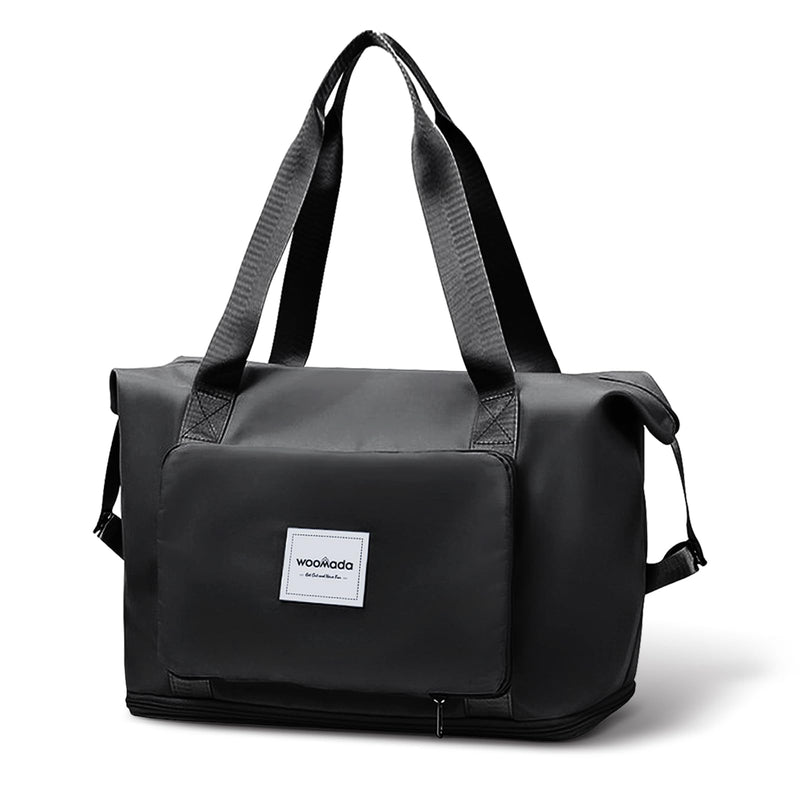 WOOMADA Foldable Travel Duffel, Weekender & Carry-On Bag with Expandable Space B-Black