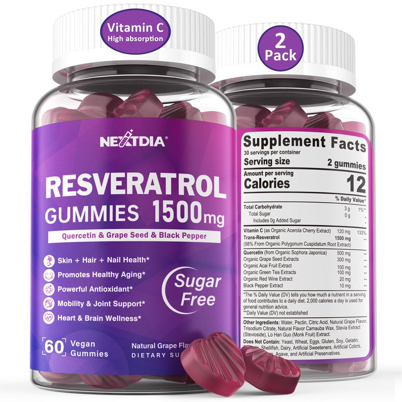 [Australia] - Resveratrol Gummies 1500mg - Sugar Free Resveratrol Supplement with Quercetin, Grape Seed, Acai Berries Extracts Support Antioxidant, Healthy Aging & longevity, Skin, Joint, Brain Wellness - Vegan 60 Count (Pack of 2) 
