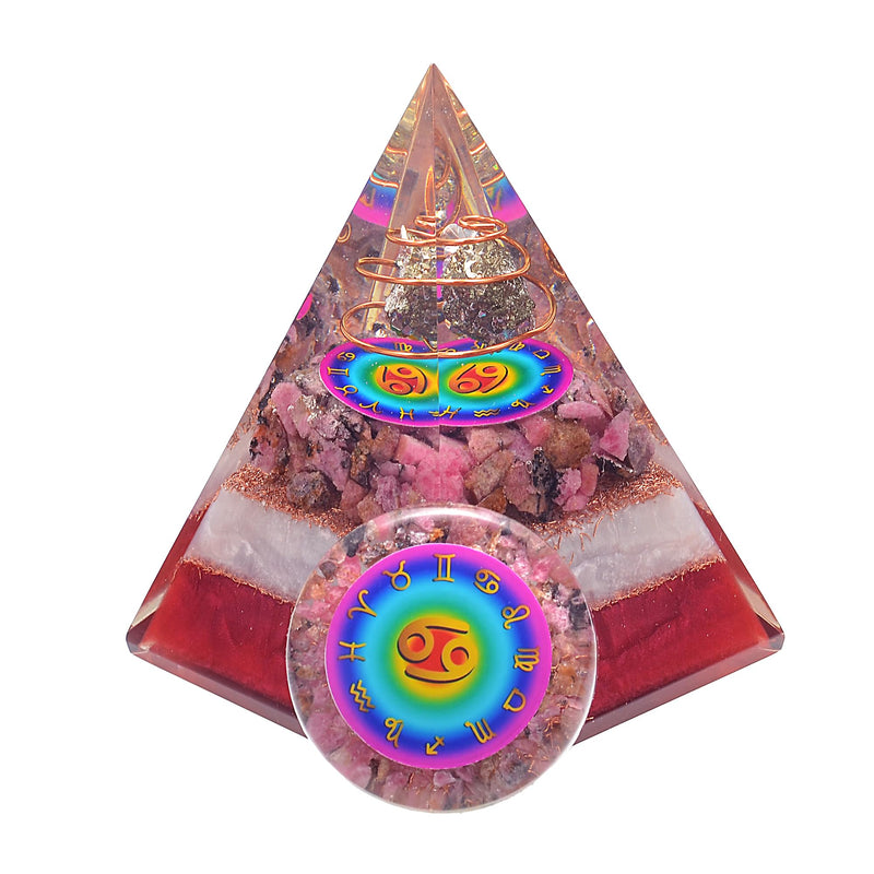 Cancer Zodiac Crystal Pyramid & Palm Stone Set, Natural Pyrite & African Rhodonite Gemstones for Reiki, Yoga, Meditation, Spiritual Practices, Mindfulness, Chakra Decor, Astrology Gift for Men & Women Cancer