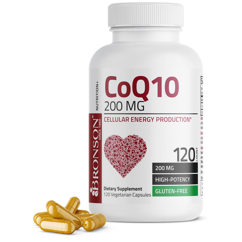Bronson CoQ10 200 mg (Ubiquinone), High Potency, 120 Vegetarian Capsules | Cellular Energy Production, Powerful Antioxidant & Healthy Heart Function Support 120 Count (Pack of 1)