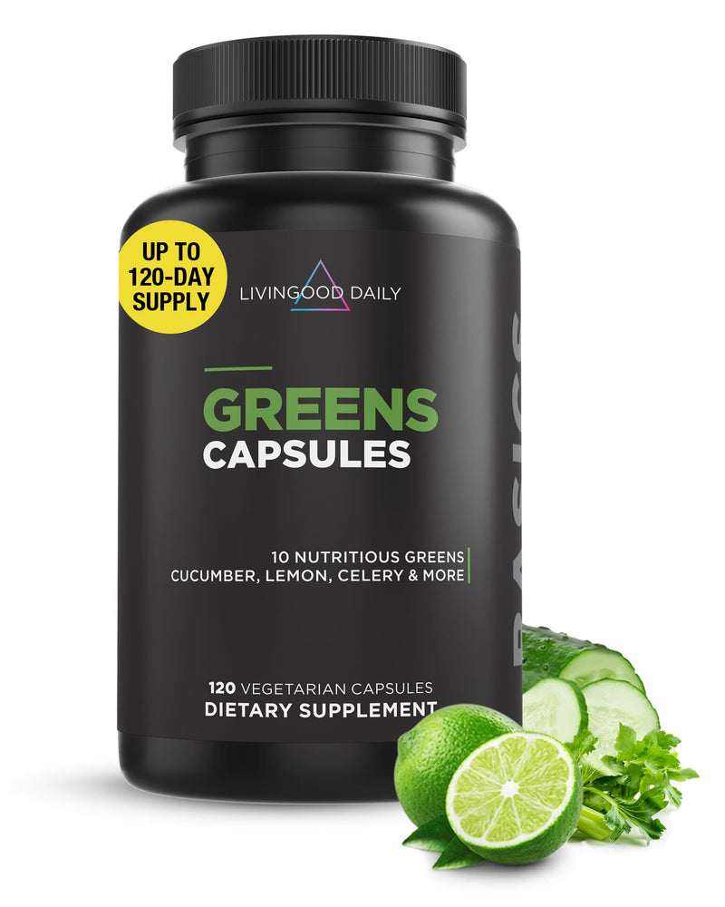 [Australia] - Livingood Daily Greens Capsules (120 Vegetarian Capsules) - Super Greens Supplement with Spirulina, Chlorella, Broccoli, Spinach for Energy, Digestive, & Gut Health - Fruit & Vegetable Supplements Greens Capsule 