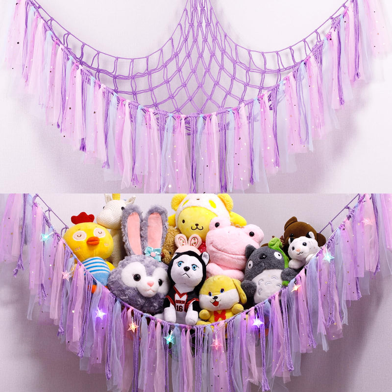 [Australia] - Stuffed Animals Net or Hammock with LED Light, 59 inch Toy Hammock Net for Stuffed Animals Corner Hanging Stuffed Animal Storage Stuffed Animal Holder for Nursery Kids Bedroom (Purple)… Purple 