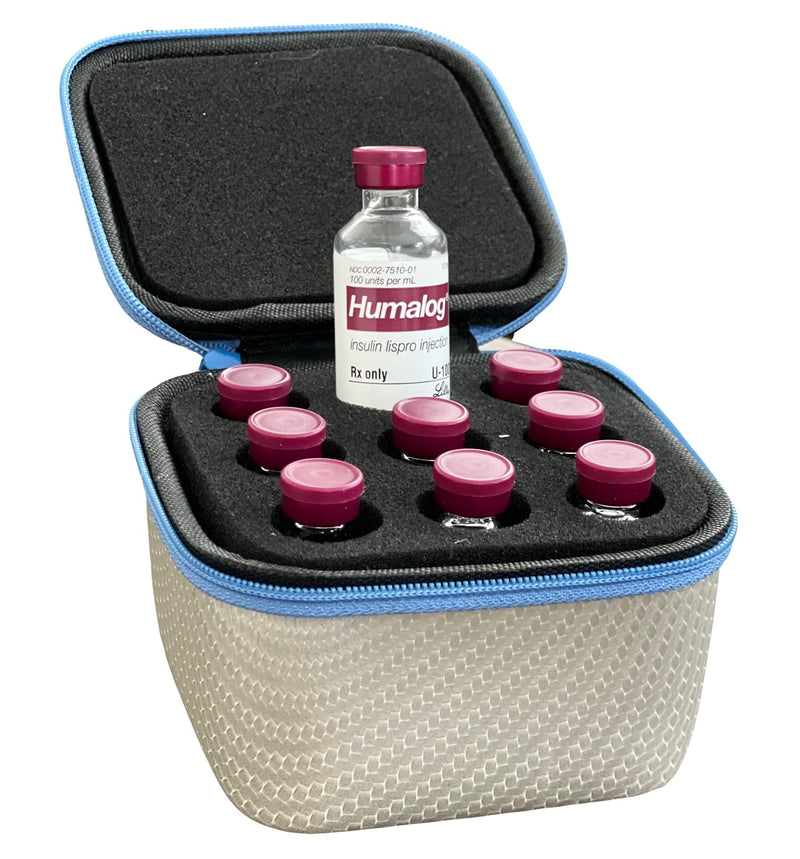 [Australia] - Insulin Fridge Holder Storage Case Organizer - Fits Standard 10ml U-100 Vials - Safe, Snug, Secure Vial Protector (9-Slot, Silver with Blue Zipper) 9-Slot 
