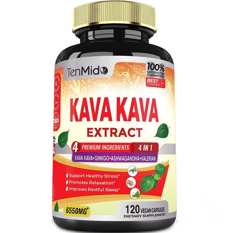 [Australia] - Kava Kava Supplement Extract Capsules 6550mg, 4 Months Supply with Ginkgo, Ashwagandha, Valerian- Relaxation Supports Supplement- 120 Vegan Capsules 