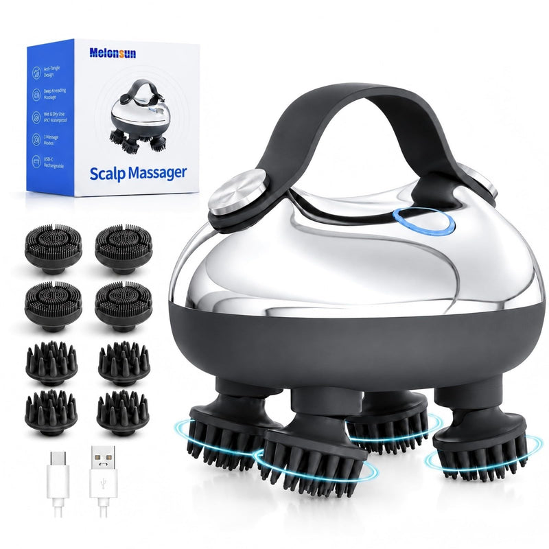 Melonsun Electric Scalp Massager, 2 Claw Sets, IPX7 Waterproof, Silver | Metallic Finish, Anti-Tangle 360° Kneading, 100 Nodes + 1,000+ Cleansing Tips, 3 Modes, USB-C Rechargeable, 15-Min Auto-Off