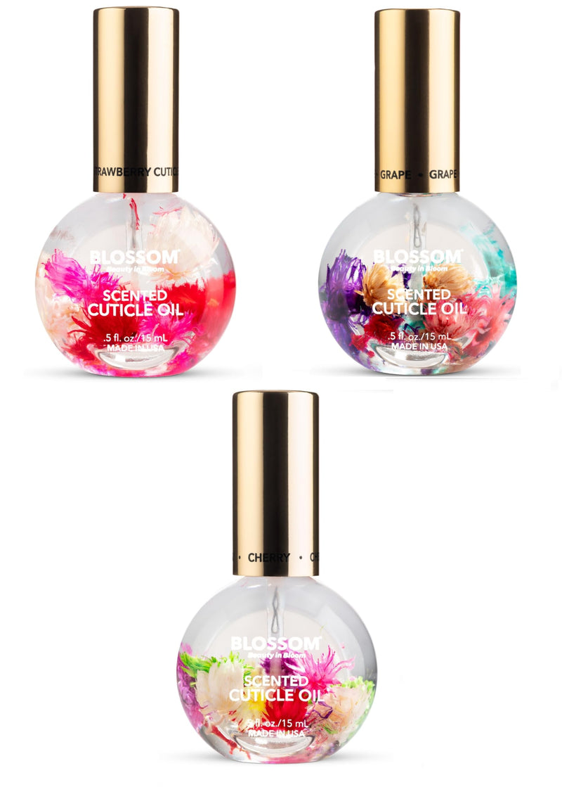 Blossom Hydrating, Moisturizing, Strengthening, Cherry, 3 pack Fruit Bundle | Scented Cuticle Oil, Infused with Real Flowers, Made in USA, 1.26 fl. oz, Strawberry, Grape, Jojoba Vitamin, Nail Care Kit