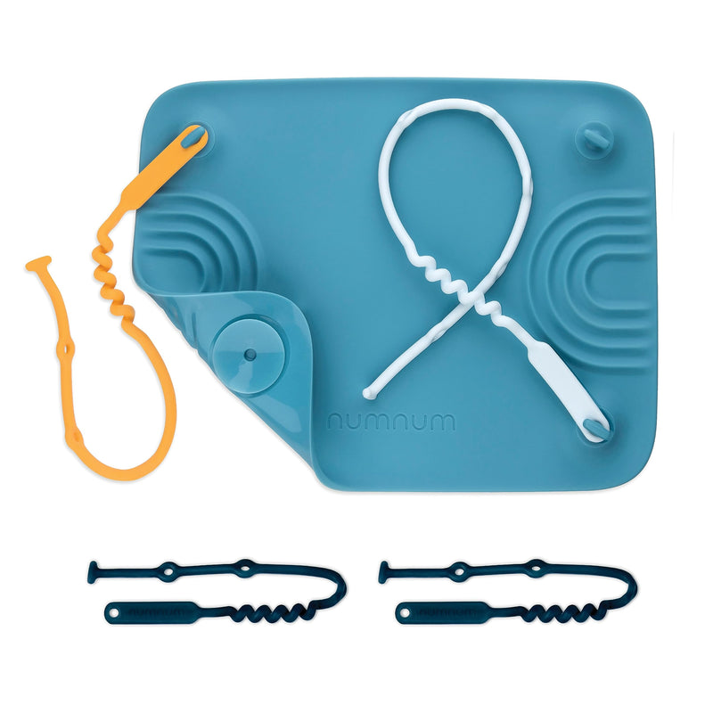 [Australia] - NumNum Silicone Placemat w/Pincer Grasp Grooves for Toddlers, Baby, & Kids - 4 Attachable Tethers & Built-in Suction Cups - Easy to Clean - Non-Slip for High Top & Dining Table w/Travel Bag - Blue 