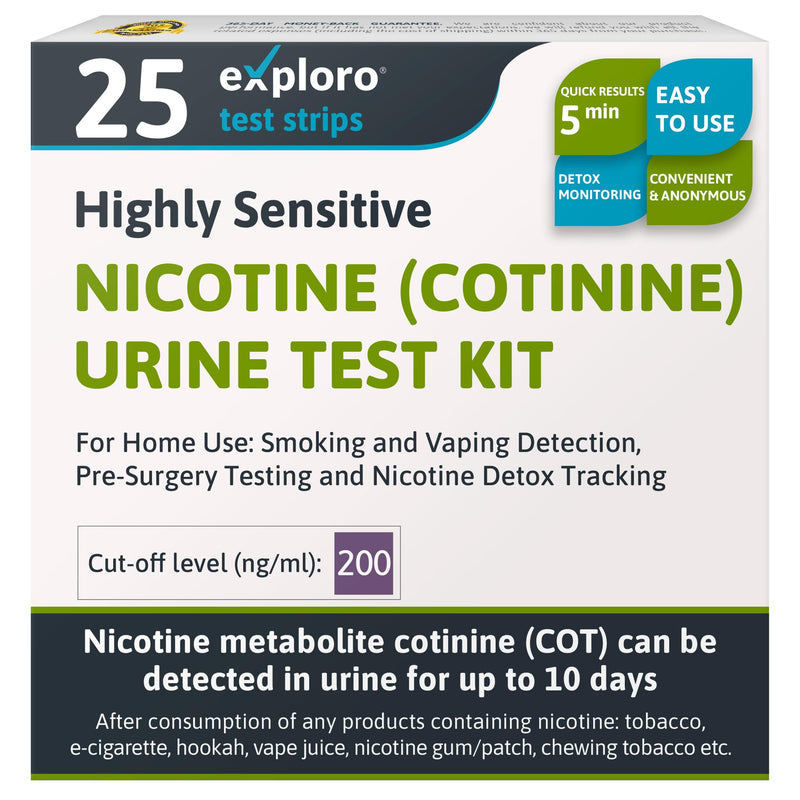 [Australia] - Exploro Nicotine Testing Kit at Home, Cotinine Urine Test, Highly Sensitive Nicotine Test Strips for Urine, Nicotine Test, Accurate Nicotene Test & Vape Test for Cut-Off Level 200 ng/ml (Pack of 25) 25 Count (Pack of 1) 