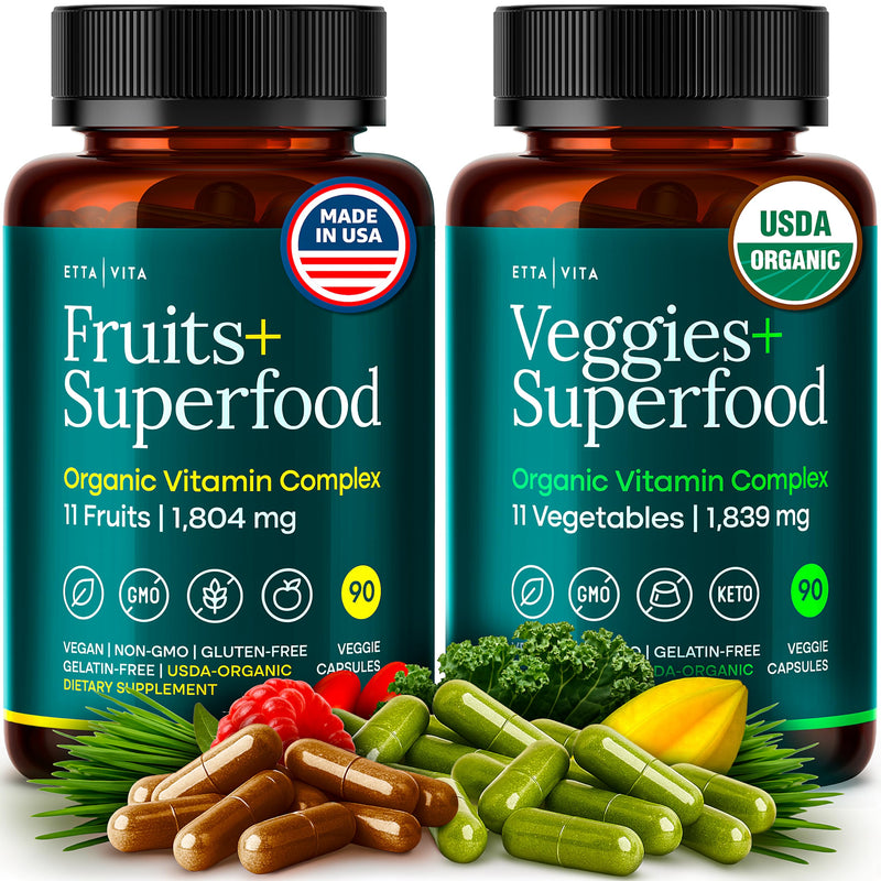 [Australia] - 100% Organic Fruits and Veggies Supplement (USDA Organic - Made in USA) 180 Potent Fruits and Vegetable Capsules for Energy Boost & Daily Fruit and Vegetable Vitamins - Vegan, Non-GMO, Gluten-Free Fruits and Veggies Capsules 