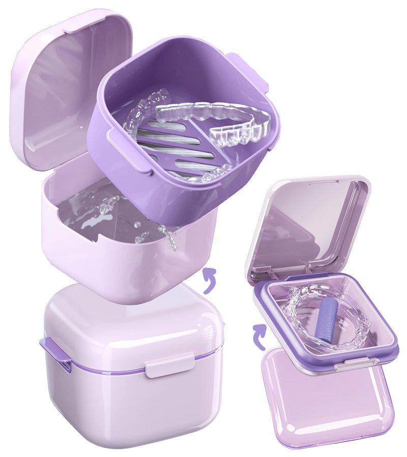 [Australia] - MURRI&MURRDI Retainer Case 2 Pack, Denture Case with Mirror, Denture Bath Box with Strainer Basket, Cute Denture Holder Storage Soak Container for Travel Cleaning, Braces Cleaner Kit (C Purple) C Purple 