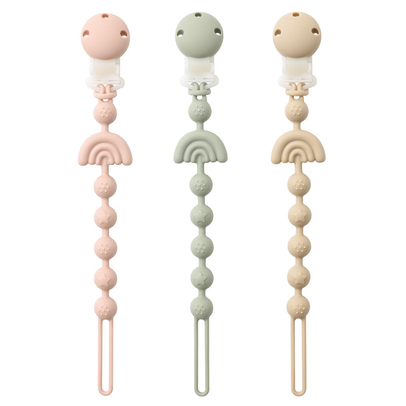[Australia] - Baby Pacifier Clips One Piece Binky Clip Holder Silicone Teether Clip Pacifier Straps with Clip Baby Teether Toys for Boys and Girls Set of 3 Andy Bear-Ivory+Sage+Blush Ivory+Sage+Blush 