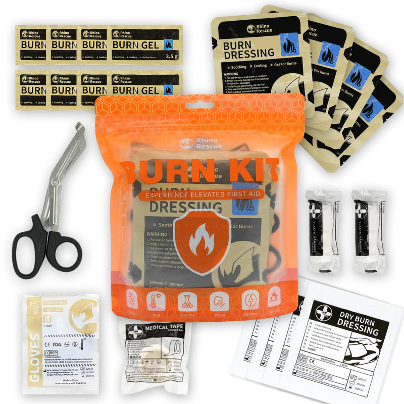 [Australia] - RHINO RESCUE Burn Kit, 4pcs Burn Dressings 4x4”, 8pcs Burn Gel Packets 3.5g, 4pcs Burn Pads, First Aid Kit Cooling Soothing Cream Relief with Bandage, Nitrile Gloves, Scissors, Tape, HSA/FSA Eligible 