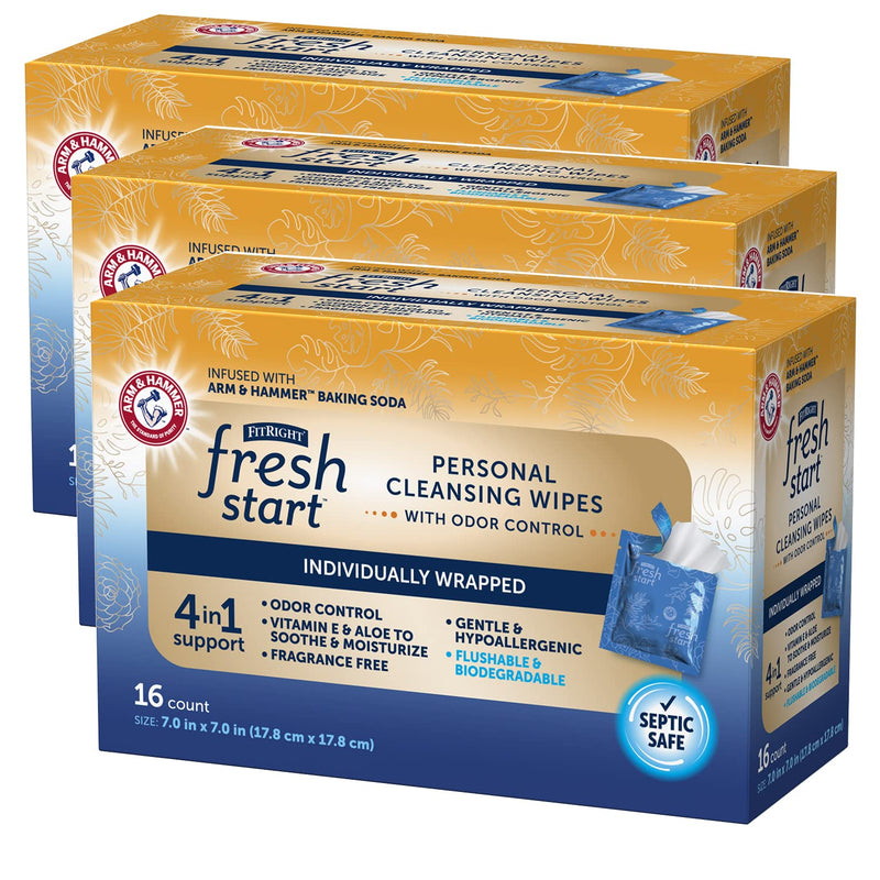 [Australia] - FitRight Fresh Start On-The-Go Flushable Wipes (48 Count), Personal Cleansing Wipes, Individually Wrapped Sachets for Urinary Incontinence with The Odor-Control Power of ARM & Hammer Baking Soda 