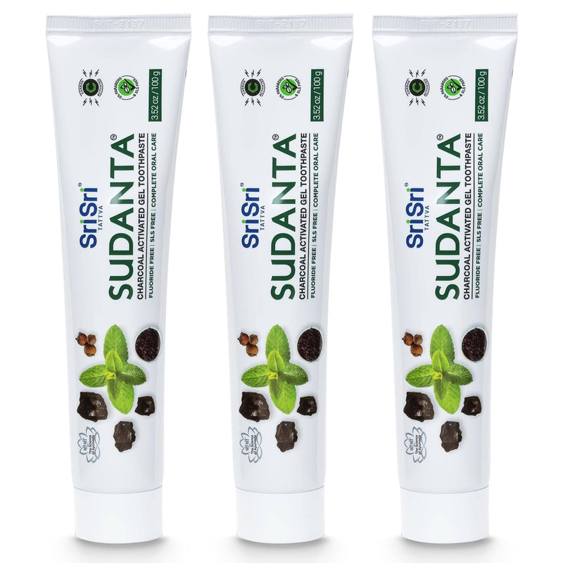 [Australia] - Sri Sri Tattva Sudanta Charcoal Toothpaste Gel – SLS, Fluoride Free Herbal Toothpaste with Neem & Ayurvedic Herbs – Natural Teeth Whitening, Fresh Breath, Oral & Gum Health – 100g Tube (Pack of 3) 3.53 Ounce (Pack of 3) 