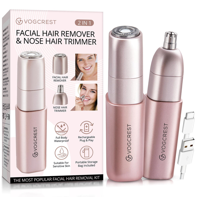 VG VOGCREST Facial - Nose Hair Remover Women: 2 in 1 Painless Electric Face Shaver and Nose Trimmer - Rechargeable Hair Removal Tool for Face Nose Ear Peach Fuzz Lips Chin