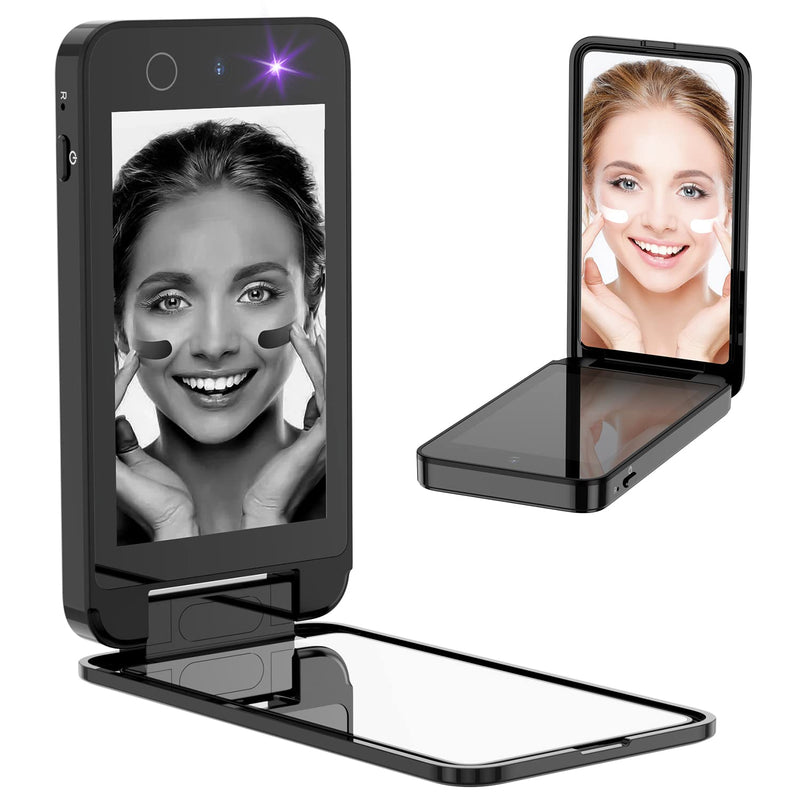 UV Camera for Sunscreen Test UV Mirror Sunscreen Camera, 4 Inch Vanity Mirror Rechargeable Compact Travel Makeup Mirror Handheld Double-Sided Pocket Mirror for Skin Protection(Dark Black) Dark Black