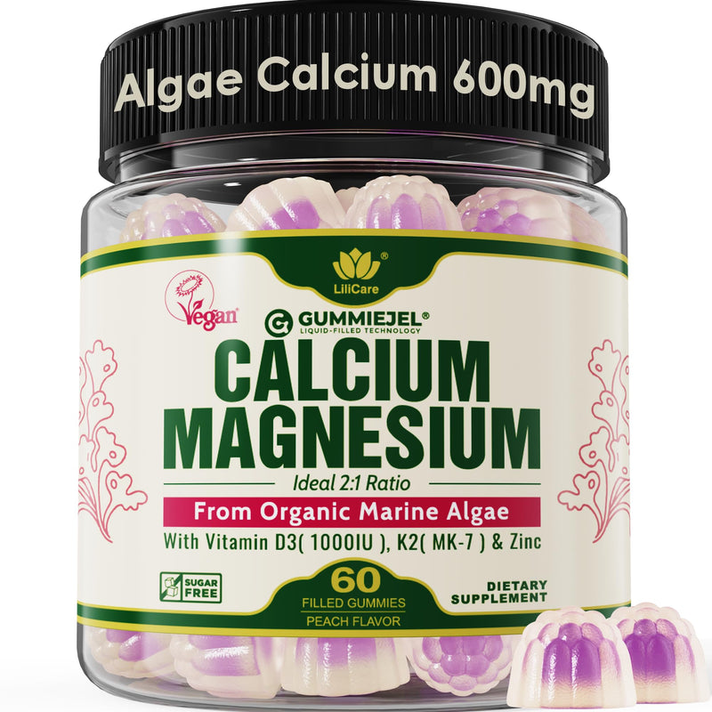 Plant Based Calcium Gummies 600mg with Vitamin D3 K2, Magnesium, Zinc for Bone Strength, Sugar Free Calcium Supplements for Women & Men (Certified Vegan) from Sustainably Organic Red Algae - 60 Counts 60 Count (Pack of 1)