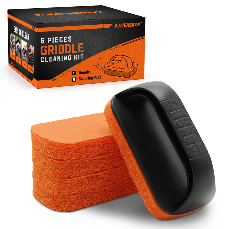 [Australia] - 6-Piece Griddle Cleaning Kit for Blackstone, Flat Top Grill Cleaning Kit Non-Scratch Scouring Pads for Kitchen - 5 Scrubber Pads and 1 Handle Orange Orange-6pcs 