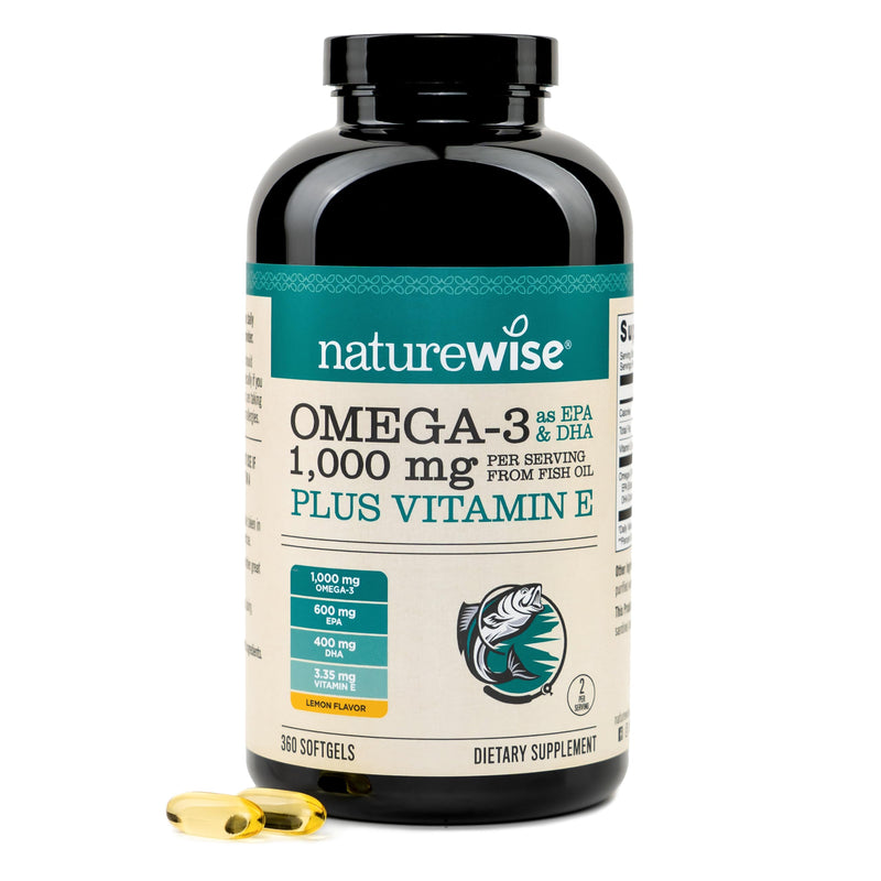 NatureWise Extra-Strength Omega 3 Fish Oil Supplement - 1000mg per Serving - 600 EPA & 400 DHA and Vitamin E - Sustainably Sourced Fish Oil - Lemon Flavor - 360 Softgels[6-Month Supply] 360 Count (Pack of 1)