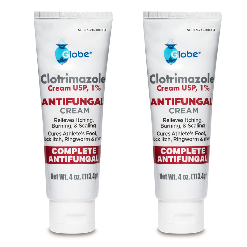 [Australia] - Globe Clotrimazole Antifungal Cream 1% USP, 4 oz (2 Pack), Anti Fungal Treatment, Relieves Itching, Burning, Cracking and Scaling Associated Athletes Foot, Jock Itch, Ringworm and More. (Total 8 oz) 